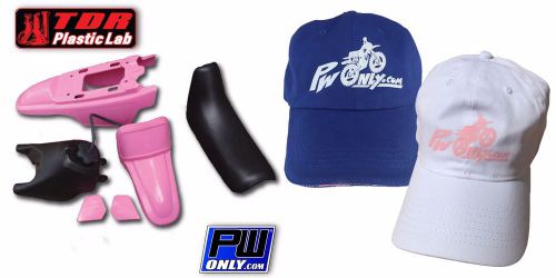 Pw50 pw 50 yamaha pink fender plastic kit, black seat &amp; tank, free pw hat