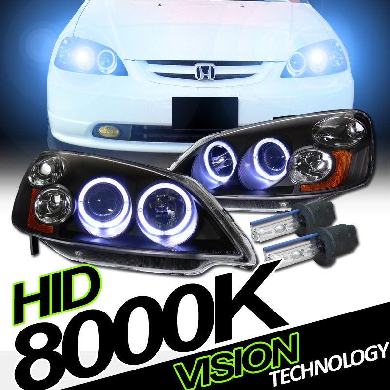 Ice blue hid 8000k 01-03 honda civic coupe/sedan black halo projector headlights