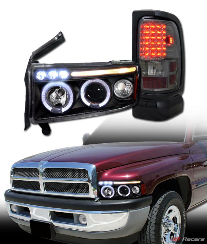 Black halo projector head lights signal+led tail brake lamps sm 94-02 dodge ram