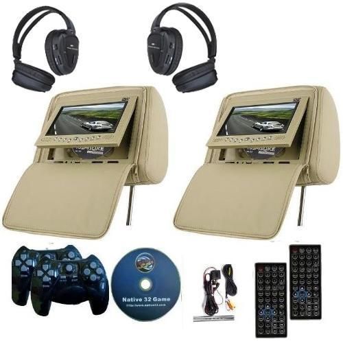 2x 7 inch car headrest dvd player radio tv monitor headphones game handles beige
