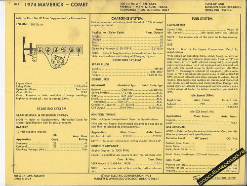 1974 ford maverick mercury comet 200 ci engine car sun electric spec sheet