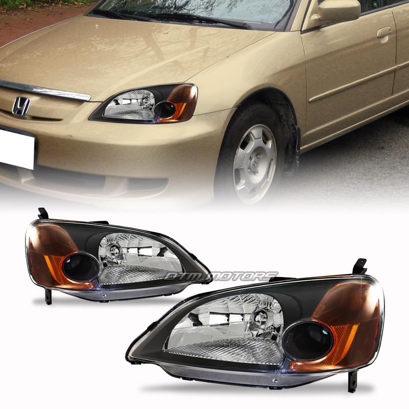 01-03 honda civic coupe/sedan black housing clear lens amber reflector headlight