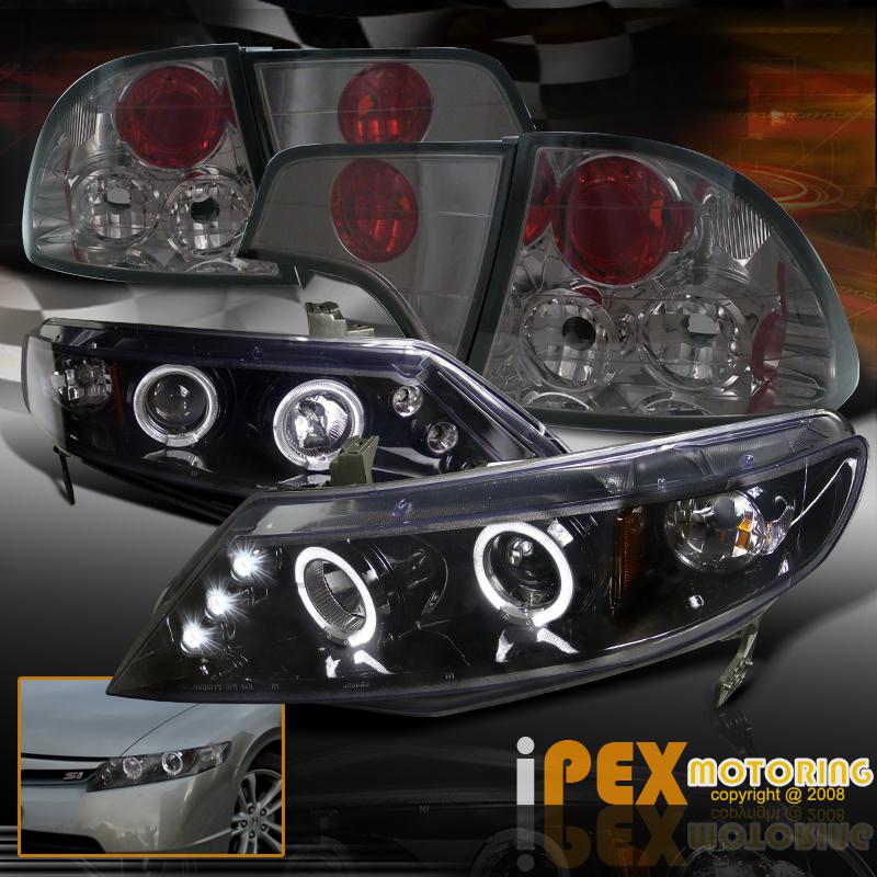 06-11 honda civic 4 door black halo led projector headlights w/ smoke tail lamps