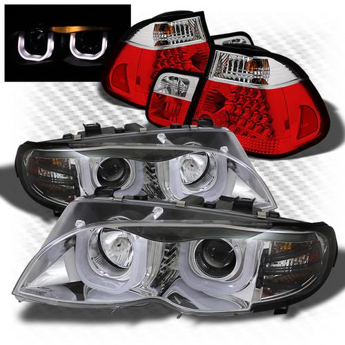 02-05 e46 3-series 4dr 3d-halo projector headlights + red clear led tail lights