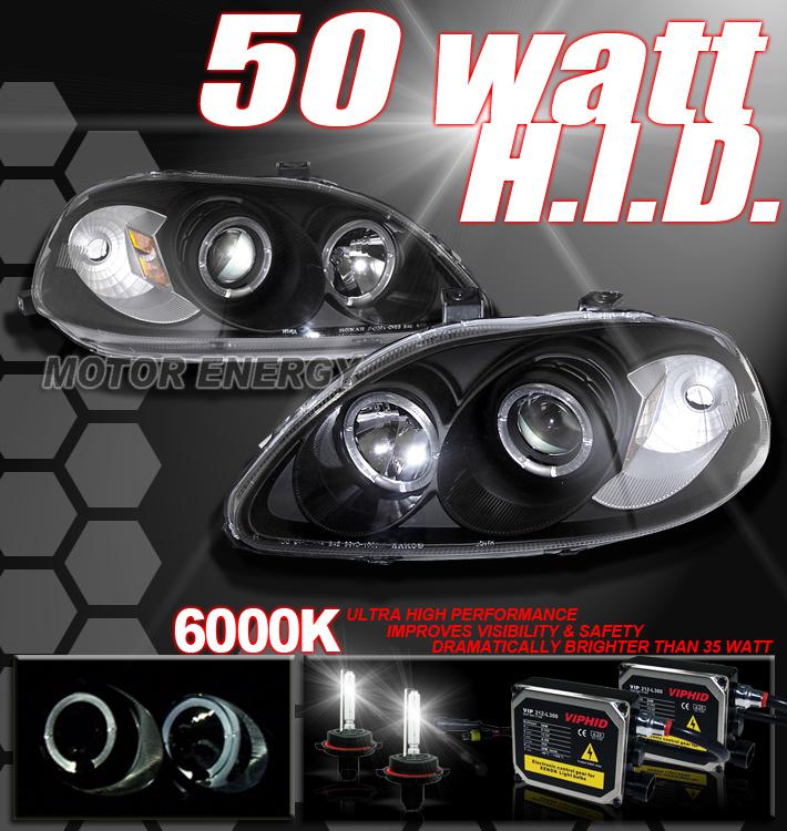 99 00 honda civic projector headlight+50w 6000k hid blk