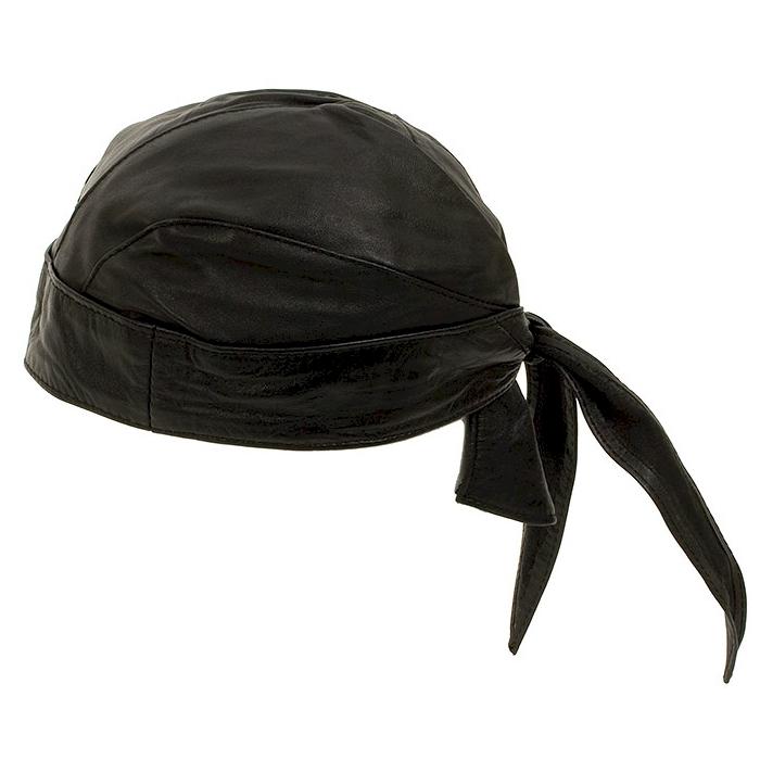 Black solid leather motorcycle biker skull doo du do rag cap hat.  u.s. seller