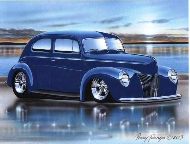 1940 ford standard tudor sedan streetrod car automotive art print blue