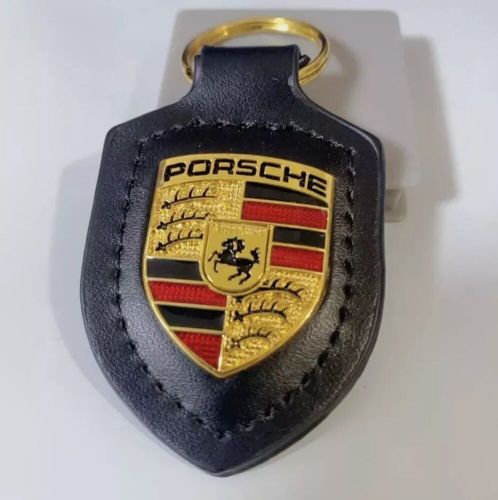 New full box porsche leather crest key fob black keyring chain ring911-authentic