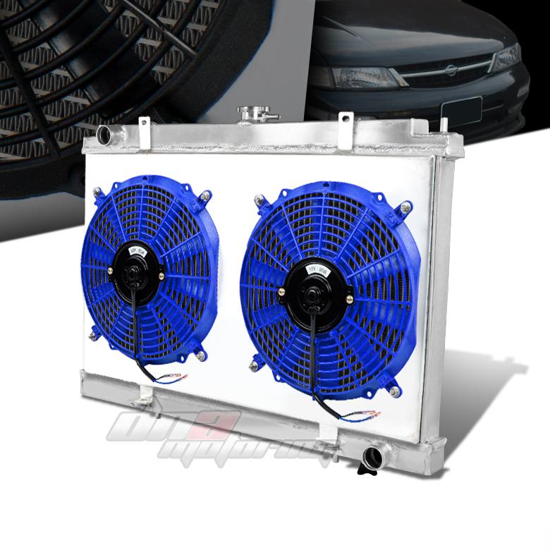 95-99 nissan maxima vq30de 2-row aluminum racing radiator+blue fan+s​hroud kit