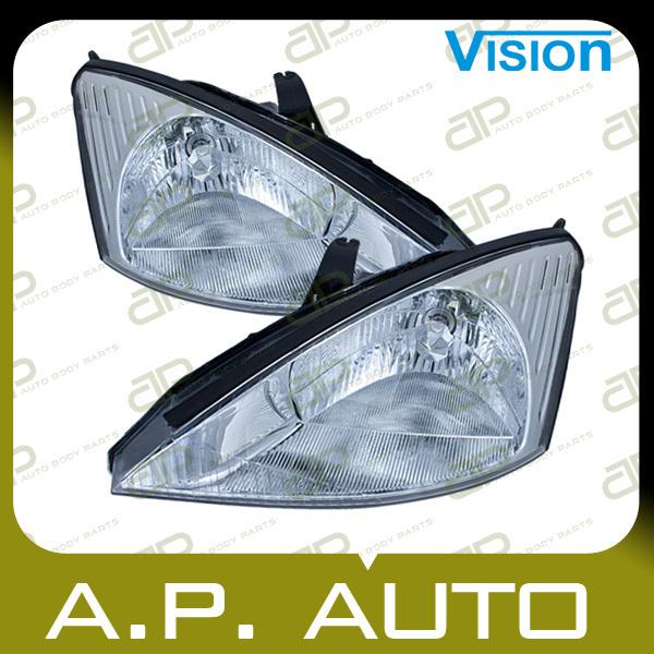 Pair head light lamp assembly 00-02 ford focus 3dr 4dr 5dr chrome bezel lh+rh