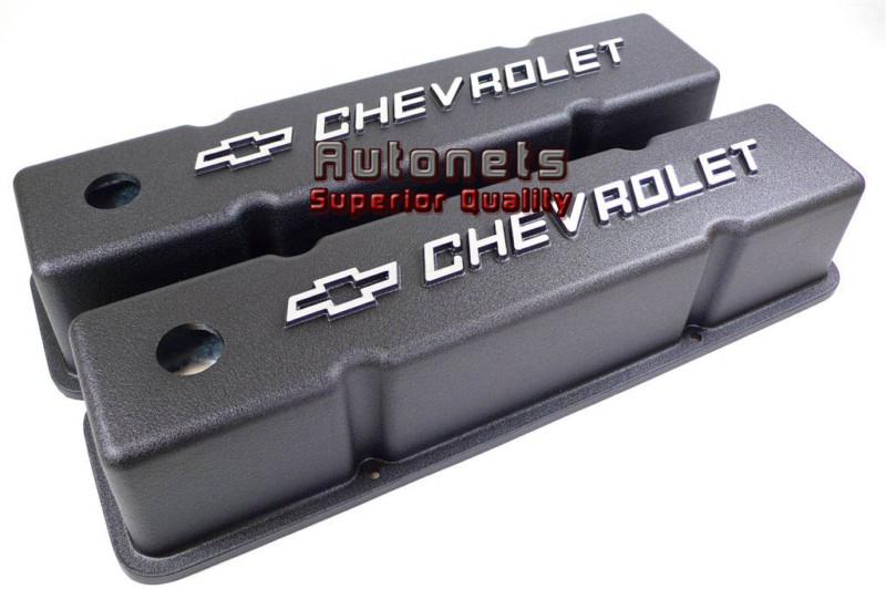 Small block chevy 283 305 287 350 aluminum valve covers black chevy logo hot rod