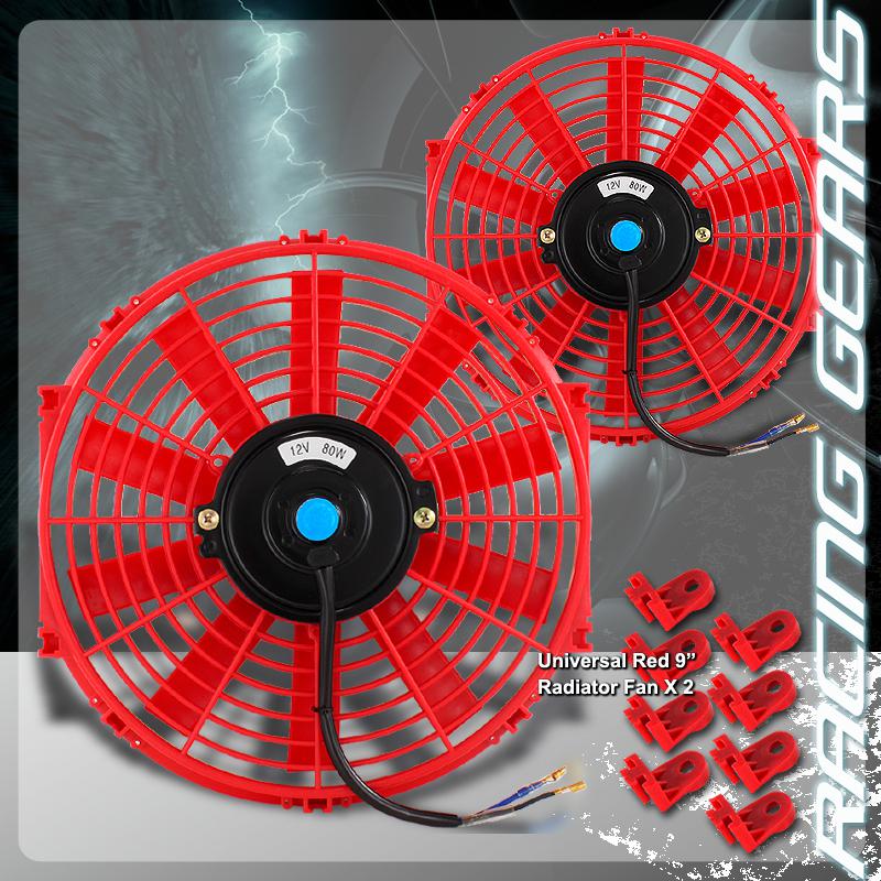 2x jdm 9" red 1500 cfm 2250 rpm 12v electric cooling slim push pull radiator fan