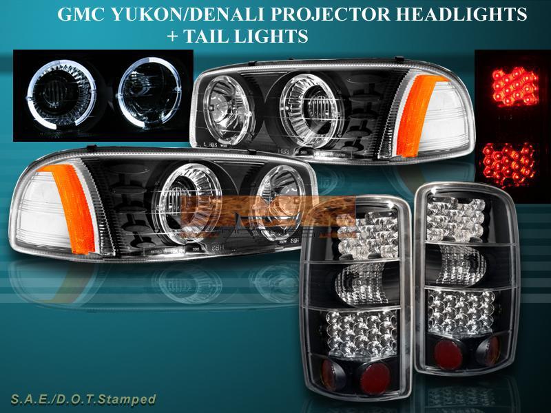 00-06 gmc yukon denali 1500 black projector headlights + led tail lights black