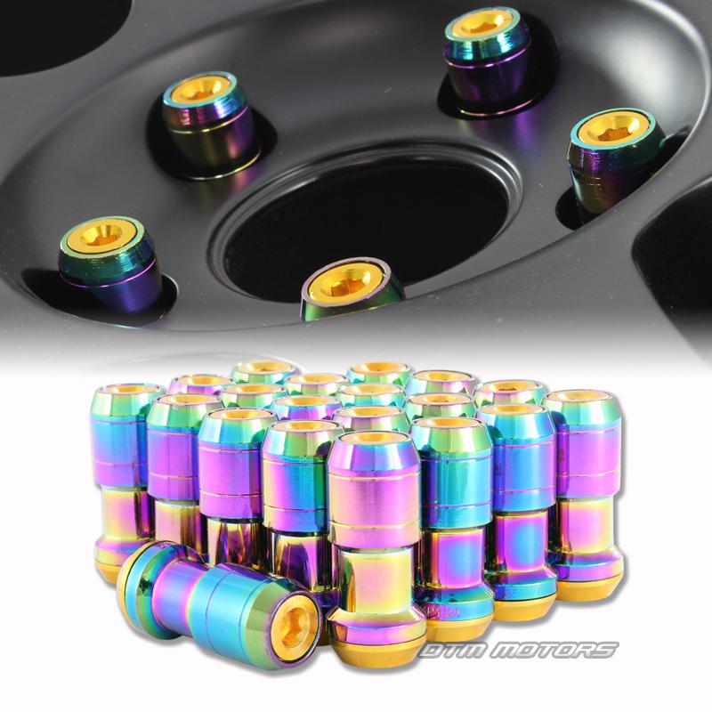 M12 x 1.25mm thread pitch 1.9" long wheel rim lug nuts - 20pc rainbow / gold