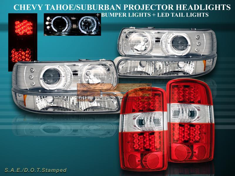 00-06 tahoe/suburban led projector headlights halo +bumper +red led tail lights