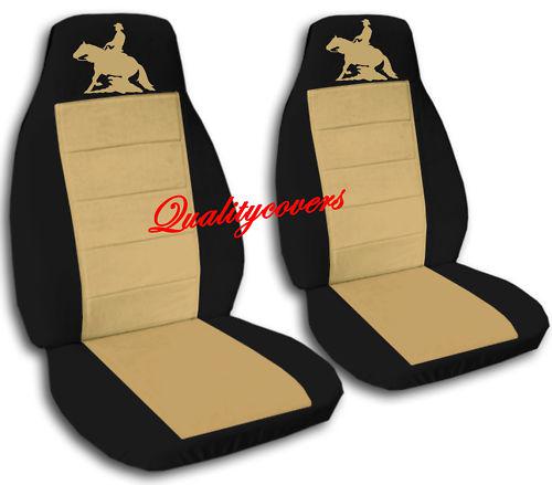 Reining horse design front set car seat covers tan and black