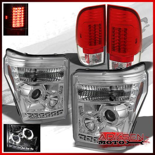 11-13 f250/350/450 2x halo projector chrome headlights+red clear led tail lights