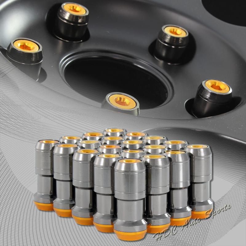 20pc m12 x 1.25mm thread pitch wheel rim tuner 1.9" long lug nut orange/gunmetal