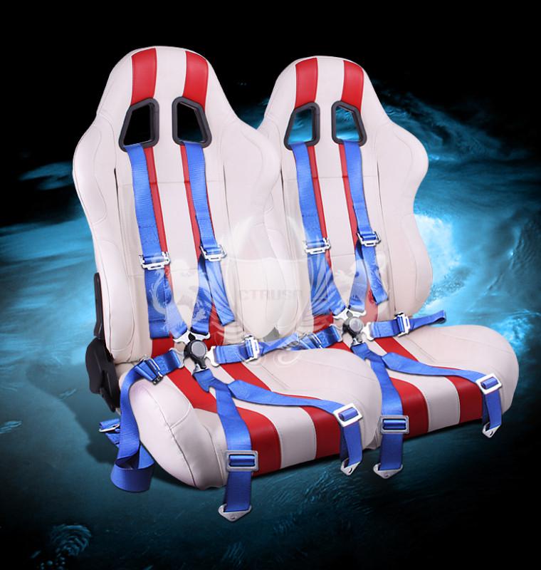 2x universal white/red stripe pvc reclinable racing seats+6-pt blue camlock seat