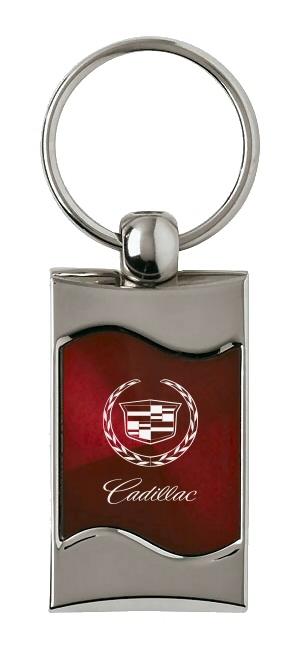 Cadillac burgundy rectangular wave metal key chain ring tag key fob logo lanyard