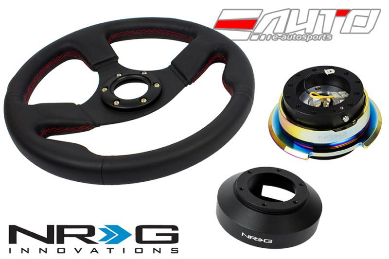 Nrg 320mm race leather red stitch steering wheel 141h hub 2.8 bkmc quick release