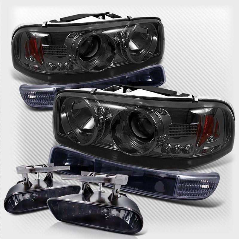 99-02 sierra, 00-06 yukon smoked projector headlights w/blk bumper + fog lights