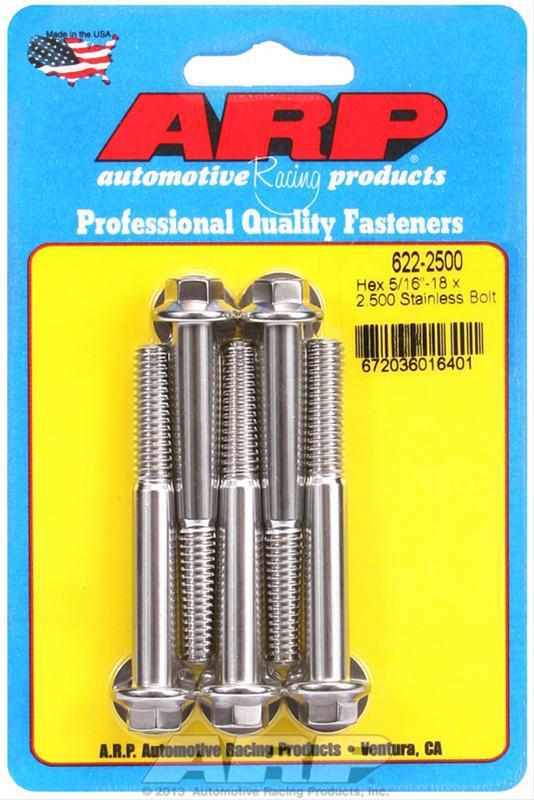 Arp bolts hex head stainless 300 polished 5/16"-18 rh thread 2.500" uhl set of 5