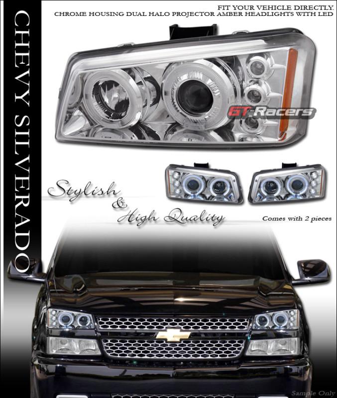 Chrome drl led dual halo rims projector head lights lamps 03-06 chevy silverado