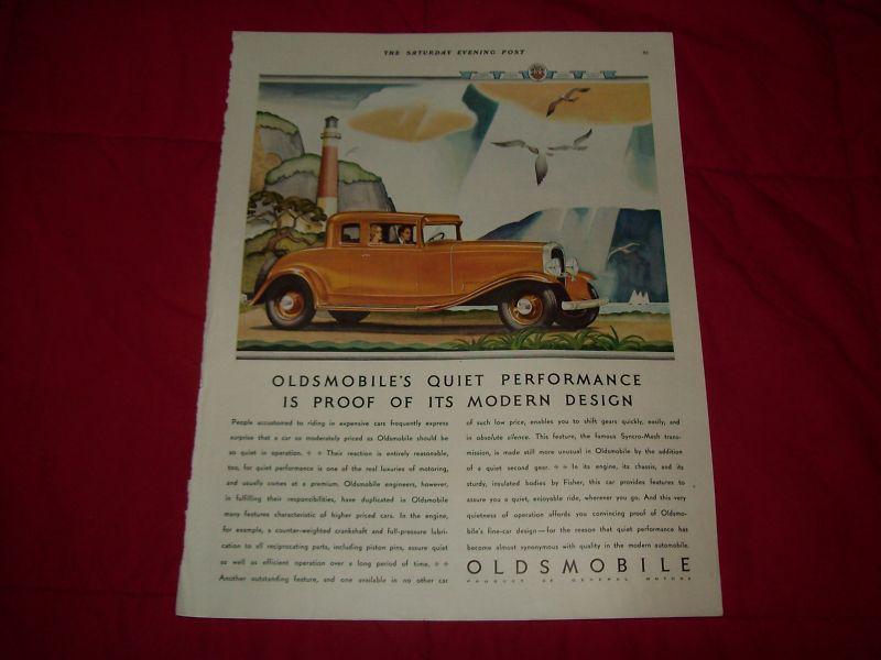 1932 oldsmobile car ad- yellow- five window coupe