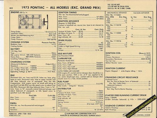 1973 pontiac all models 350 ci / 150-175 hp engine car sun electronic spec sheet