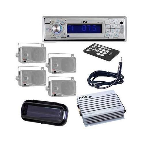 Plcd5mrbts boat cd sd usb stereo/bluetooth + 4 box speakers /amp cover + antenna