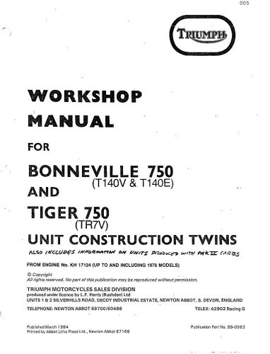 Triumph workshop service manual 1973, 1974, 1975 &amp; 1976 t140v bonneville 750