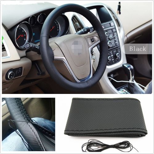 Black pu leather hand-sewn diy steering wheel cover with needle thread universal