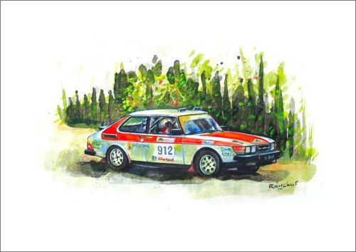 Exclusive saab 900 turbo rally car art print by roy chui, a3 size