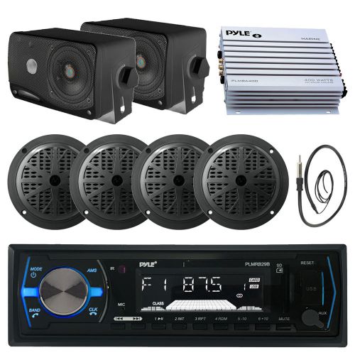 Marine 400w amplifier,black bluetooth aux radio,antenna, 6.5 and box speaker set