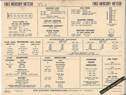 1963 mercury meteor 6 cylinder 170 ci engine car sun electronic spec sheet