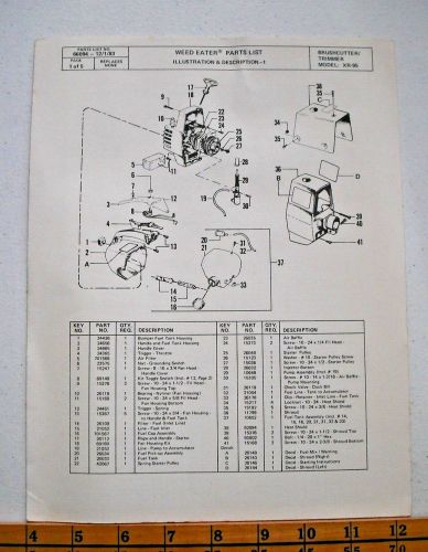 Vintage 1983 poulan xr-95 parts list weed eater- part # 66094 - 5 pgs