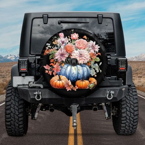 Blue pumpkin with flowers spare tire cover, fall blue pumpkins spare tire cover,