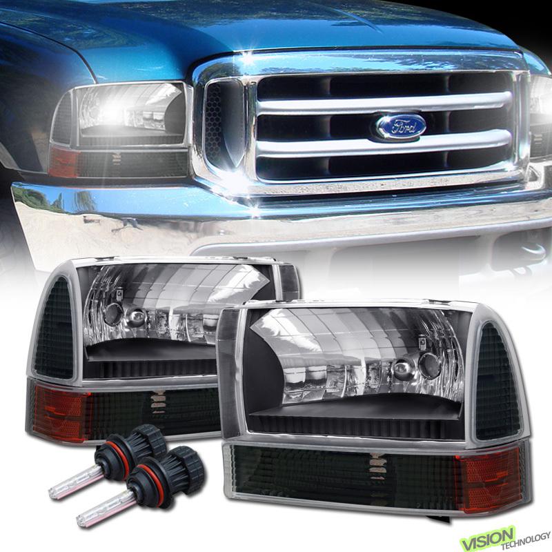 Bi-xenon hid 99-04 ford superduty pickup/excursion blk head lights+bumper/corner