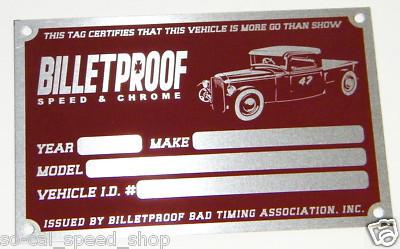 Billetproof timing tag hot rat rod gasser ford scta car show plaque vtg style