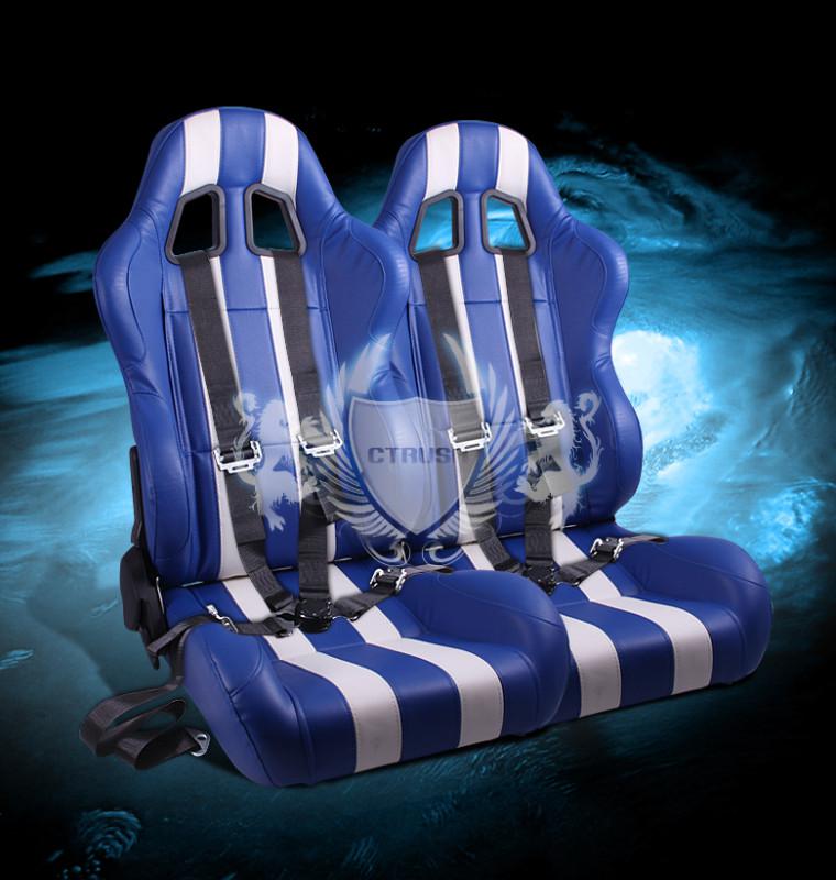 2x blue/white stripe pvc leather racing bucket seats+4-pt blk belt camlock strap