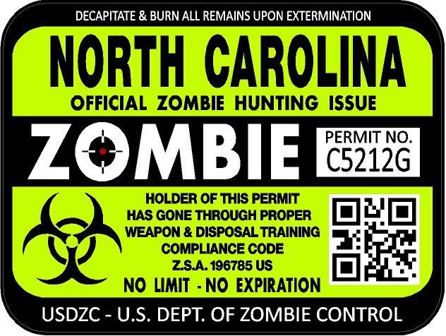 North carolina zombie hunting license permit 3"x4" decal sticker outbreak 1243