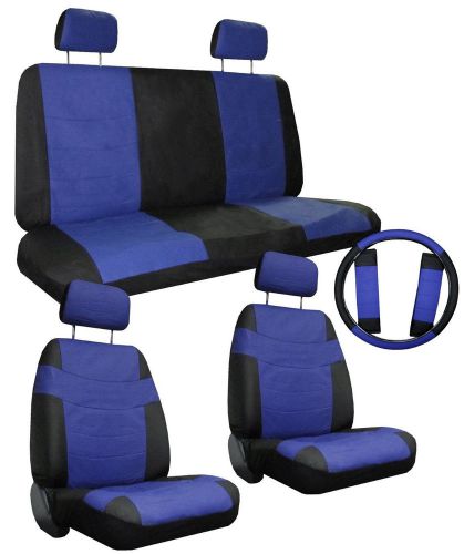 Car seat covers blue black w/ steering wheel cover belt pads, bench pkg sc-513