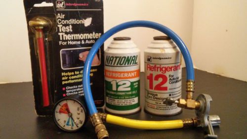 2 full 14oz cans r12 refrigerant hoses pressure gauge test thermometer kit