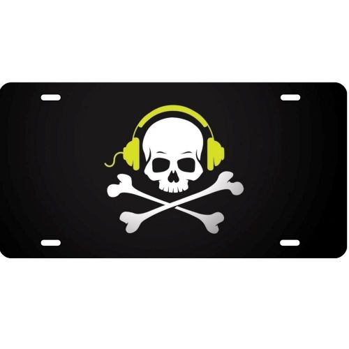 Jolly roger in headphones funny aluminum license plate baked on uv coating cool!