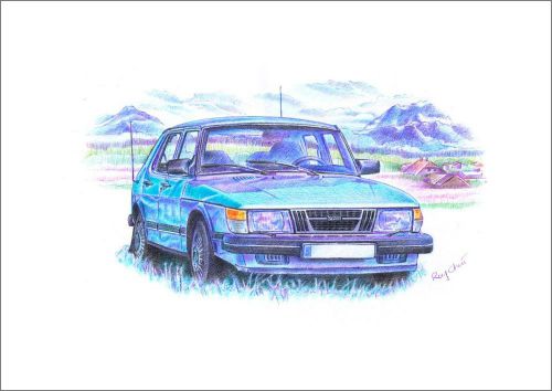 Exclusive saab 900 turbo (blue) art print by roy chui, a3 size