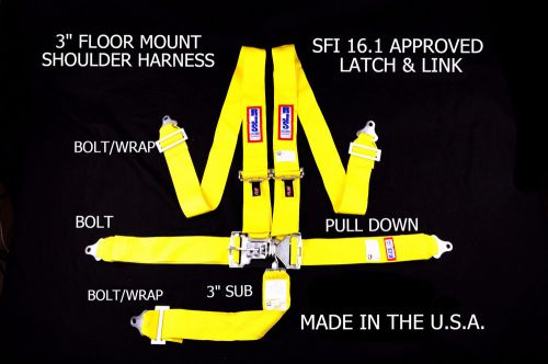 Rjs racing sfi 16.1 latch &amp; link 5 pt floor mount harness yellow 1131006