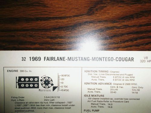 1969 ford, mustang &amp; mercury eight series models 390 ci v8 4bbl tune up chart