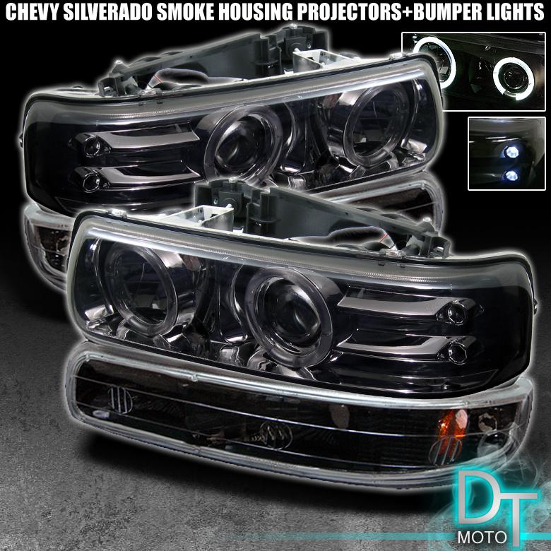 Smoked 99-06 silverado suburban tahoe halo projector led headlights +bumper lamp