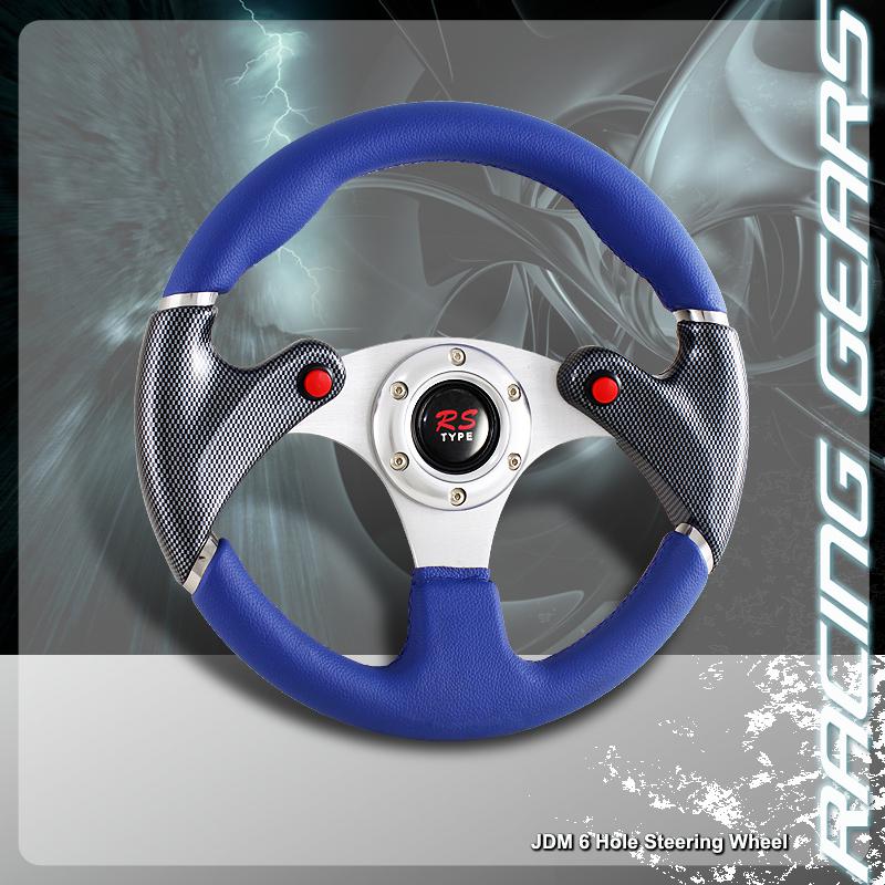 Universal jdm 320mm dual nose button pvc leather blue 6 hole bolt steering wheel